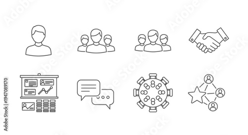 Business people communication collaboration network line icons set