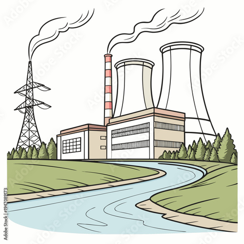 A nuclear power plant with a river running in front of it