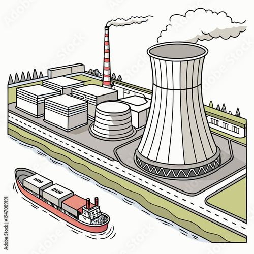 A nuclear power plant with a cooling tower and a barge