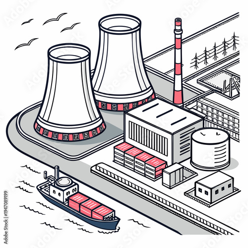A nuclear power plant with cooling towers and a cargo ship