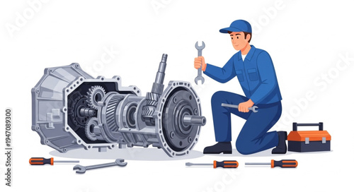 Mechanic with car engine parts.