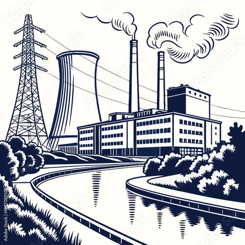 A nuclear power plant with cooling towers and smokestacks