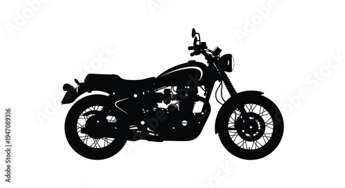 A striking black silhouette depicts a classic cafe racer motorcycle emphasizing its form and design silhouette high quality