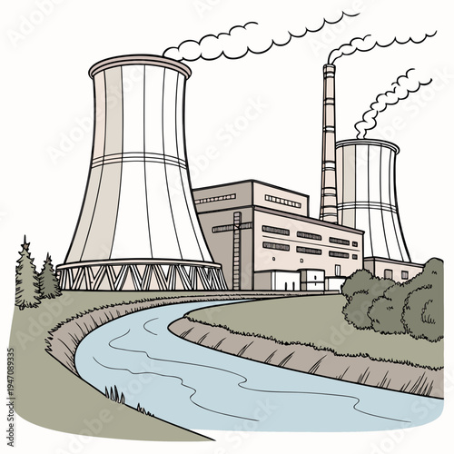 A nuclear power plant with cooling towers and a river