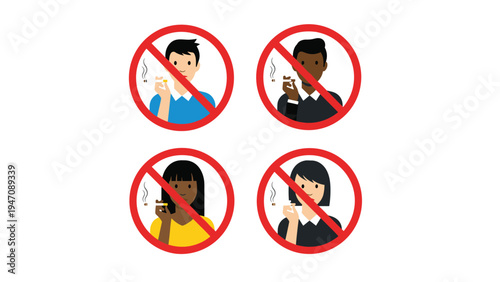 No smoking signs featuring a diverse group of people to promote health awareness and tobacco free environments in public areas.