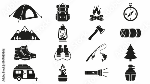 Camping and outdoor adventure icons set for nature travel