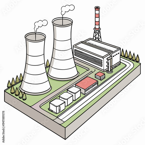 A cartoon nuclear power plant with cooling towers