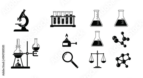 Chemistry lab apparatus and molecular structure icon set