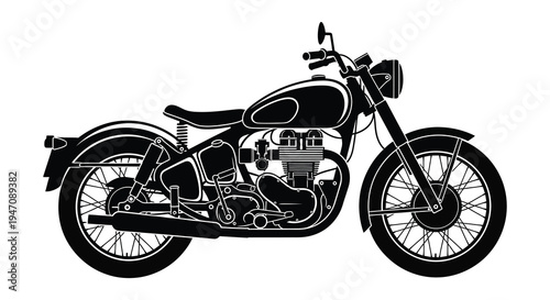 A detailed black and white illustration depicts a classic motorcycle in profile view presented as a silhouette