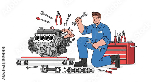 Mechanic with car engine parts.