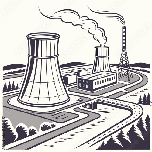 A nuclear power plant with a cooling tower and smokestack
