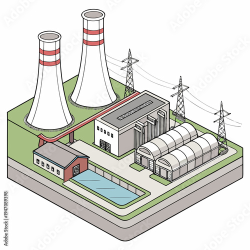 A nuclear power plant with cooling towers and buildings