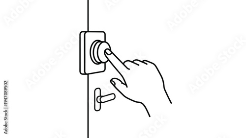 Simple black and white line drawing of a person's hand pressing a doorbell on a wall for arrival and visitor notification concepts.