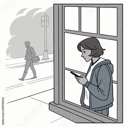 A woman looks out the window at a pedestrian