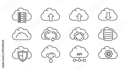 Cloud computing line icons for data, network, and security services