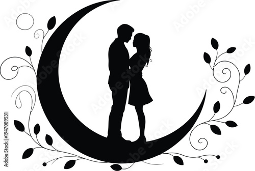 Silhouette of a Couple Hugging on a Crescent Moon, Romantic Night Theme for Anniversary and Engagement Cards, Love and Dreamy Relationship Concept Vector Design