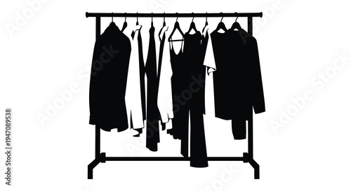 A black silhouette depicts a clothing rack filled with various garments and accessories offering a stylish silhouette