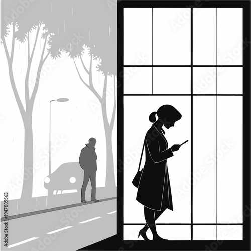 Woman in a coat looking at her phone by a window