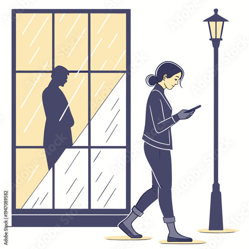 Woman walking and looking at her phone at night