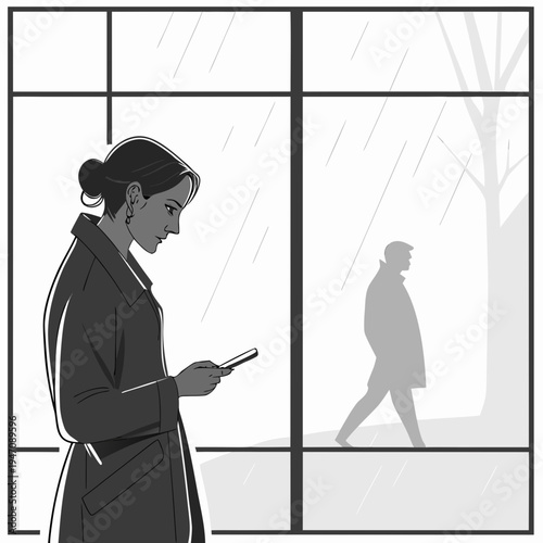 Woman looking at her phone by the window on a rainy day