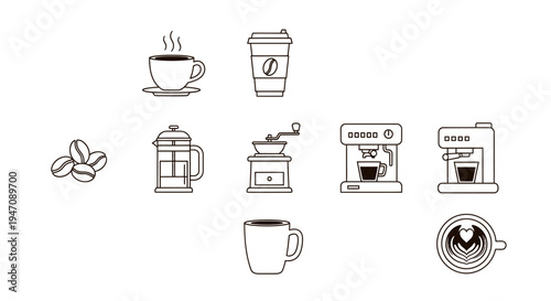 Coffee shop and brewing equipment line icons set