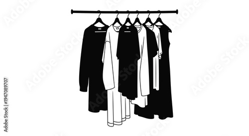 A minimalist depiction of clothing hanging on a rack showcasing diverse garment styles a silhouette high quality professional
