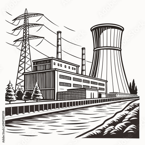 A nuclear power plant with a cooling tower