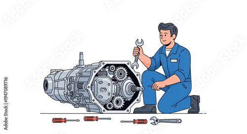 Mechanic with car engine.