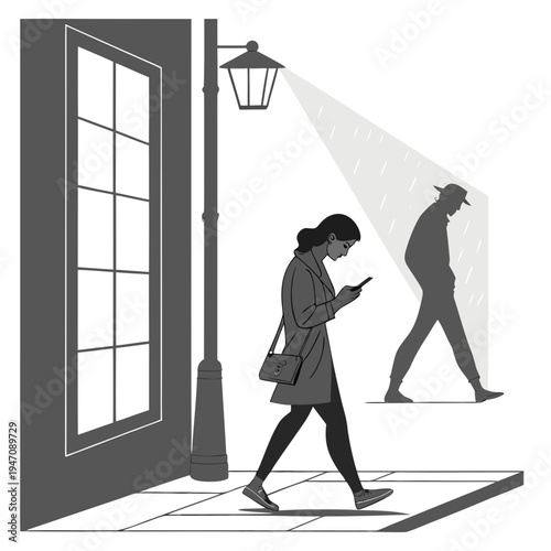 Woman walking down street looking at her phone