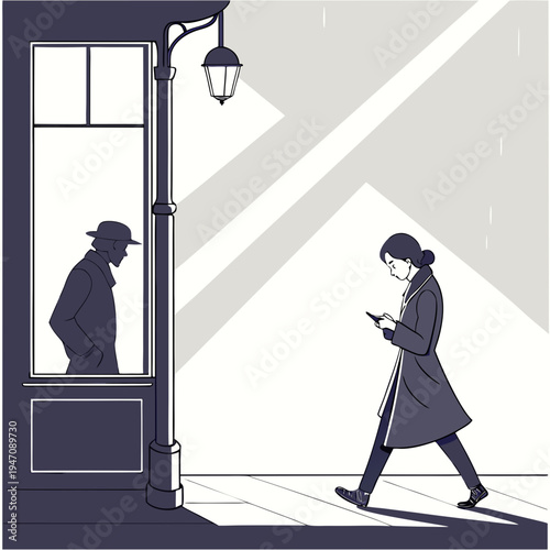 A woman walks past a man standing in a doorway