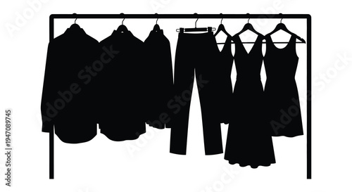 A clothing rack displays various garments in stark contrast creating a dramatic fashion display silhouette high quality professional