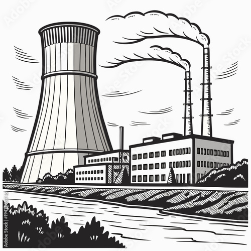 A nuclear power plant with a cooling tower