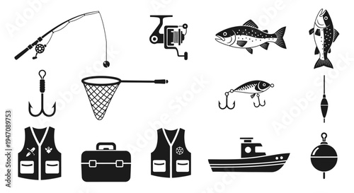 Collection of black and white fishing equipment and fish icons
