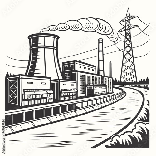 A nuclear power plant with a cooling tower and transmission lines
