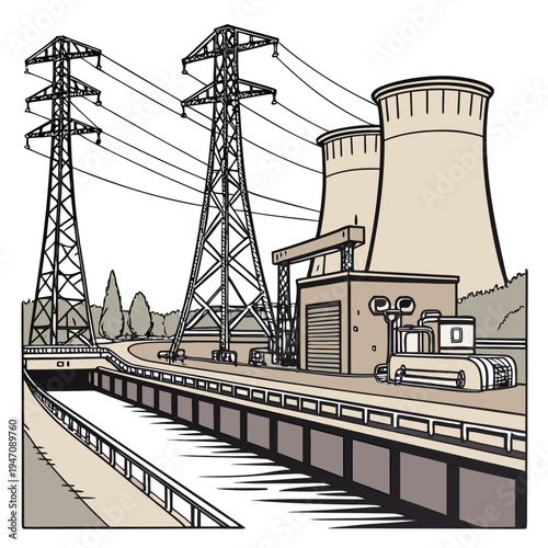 A nuclear power plant with cooling towers and transmission lines