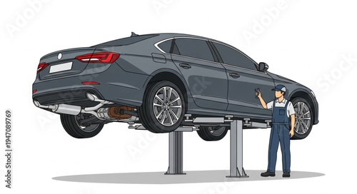 Mechanic with Car on Lift.