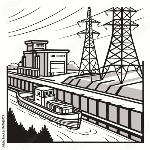 A large ship is docked at a hydroelectric dam