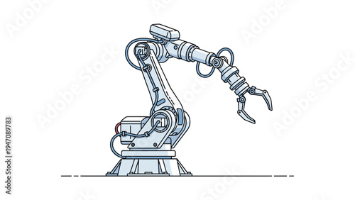 Precision industrial robotic arm on a stand for manufacturing automation and high tech assembly lines in a factory setting.
