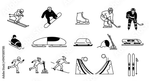 Collection of black and white winter sports line art icons