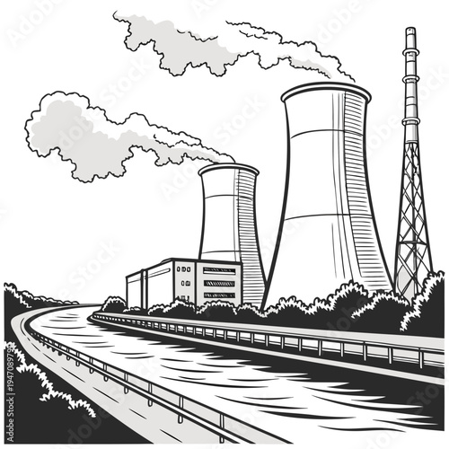 A nuclear power plant with cooling towers emitting smoke