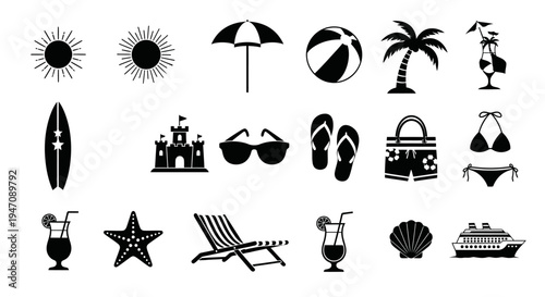 Collection of black beach and summer vacation icons