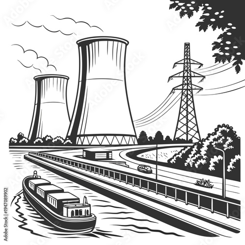 A black and white drawing of a nuclear power plant with a barge on a canal