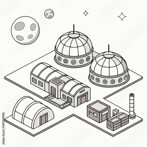 A futuristic space station with domes and buildings