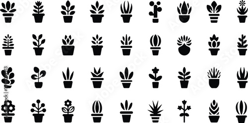 Comprehensive Set of Black Silhouette Icons for Potted Plants Keywords: potted plants, houseplants, indoor plants, succulents