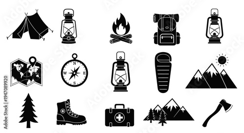 Collection of camping and outdoor activity essential icons
