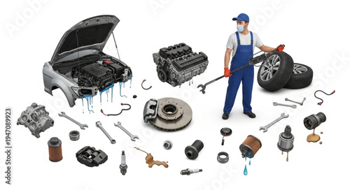 Mechanic with car parts tools.