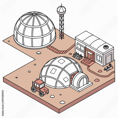A futuristic domed research station with a tractor