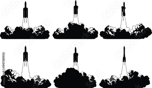 Rocket launch sequence silhouette illustration, spacecraft ascent artwork design, aerospace technology graphic, satellite booster symbol, space exploration drawing, orbital monument artwork