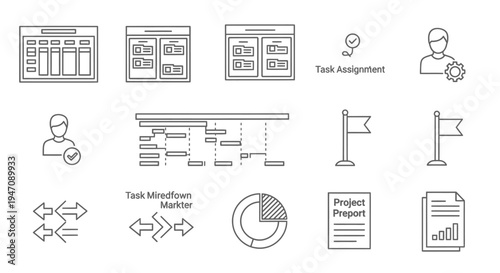 Collection of business project management and data line icons