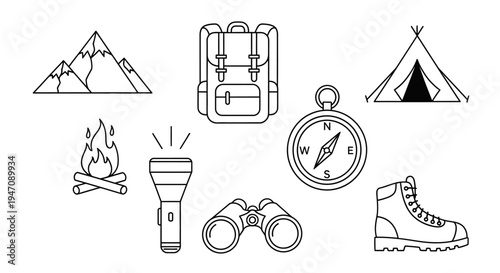Collection of camping and outdoor adventure line icons on white.